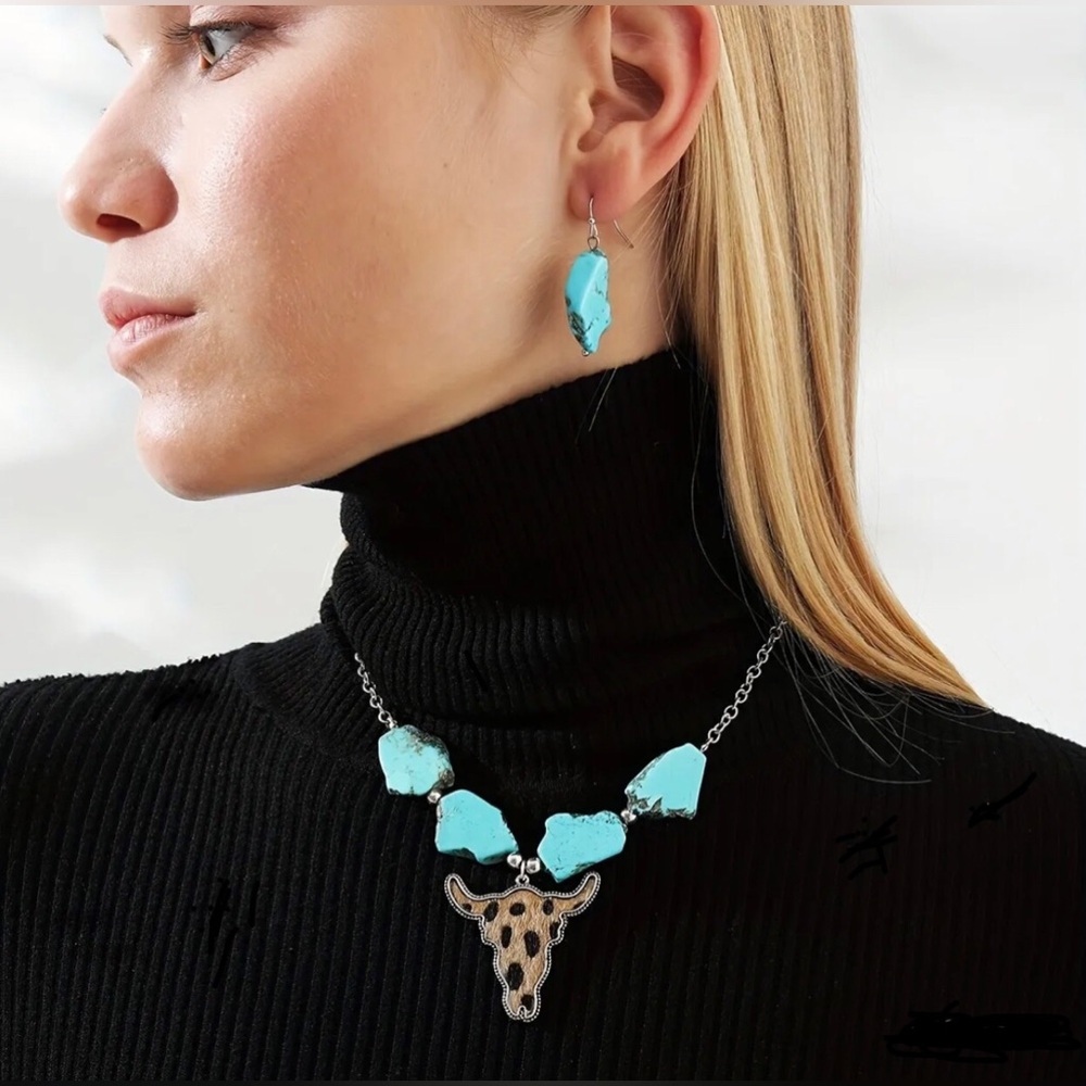 Turquoise Statement Necklace with Bull Head Pendant
